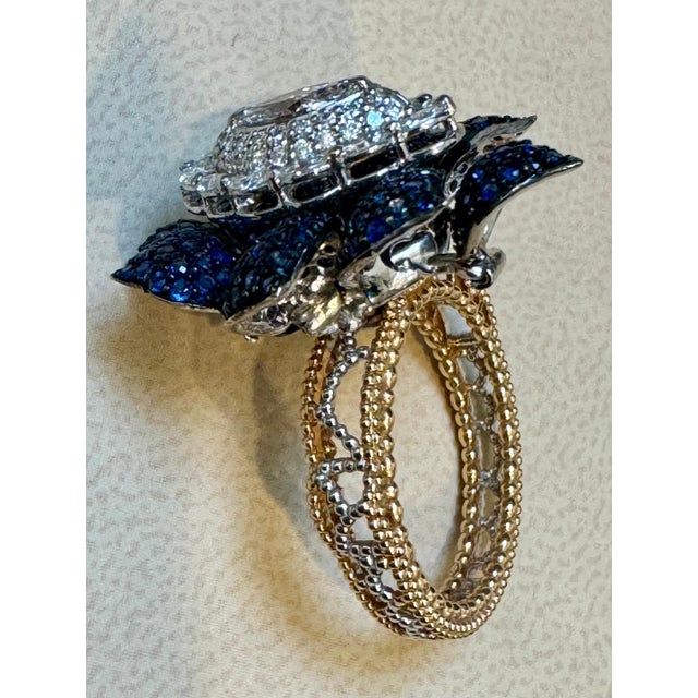 3 Ct Blue Sapphire & 1.5 Ct Diamond Flower Ring in 18 Kt Two Tone Gold Size7 For Sale - Image 13 of 18