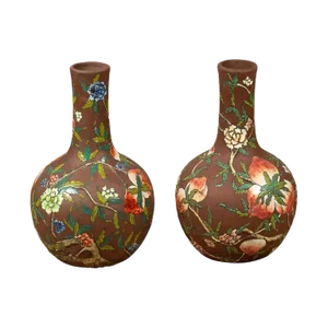 Vintage Chinese Kendi Shape Brown Vases with Floral and Fruit Décor - a Pair