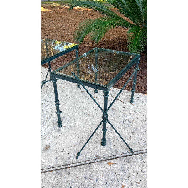 Pair of Giacometti Style Wrought Iron Verdigris Finish Glass Top Side Table For Sale - Image 11 of 12