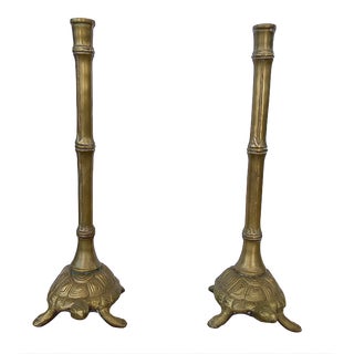 Vintage Tall Gold Turtle and Faux Bamboo Candle Holders - a Pair For Sale