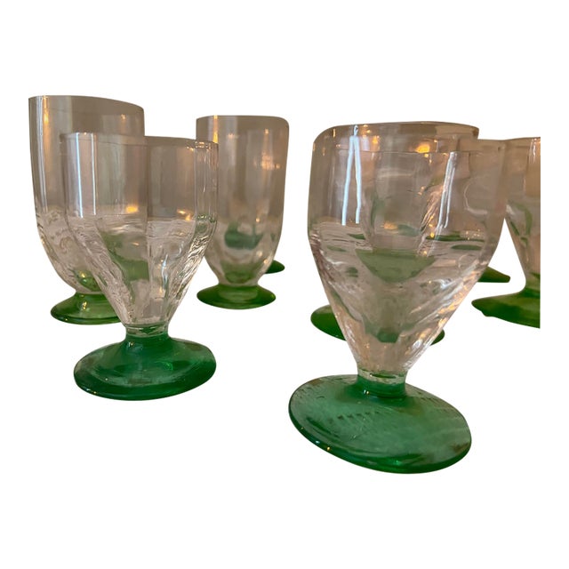 Vintage Art Deco Uranium Glass Aperitif Glasses With Emerald Green Bases - Set of 10 For Sale