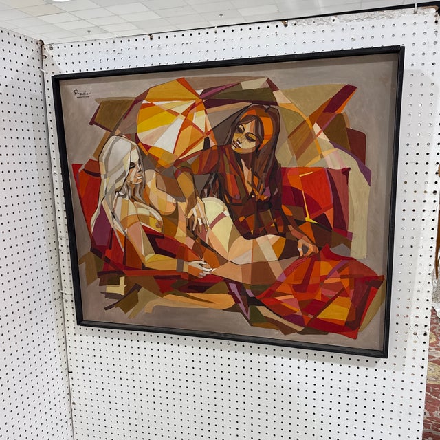 Vintage French Cubist Abstract Painting – Signed “Pradier” Striking mid-century modern style painting featuring two...