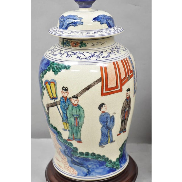 Late 20th Century Vintage Chinoiserie Oriental Oatmeal Ginger Jar Ceramic Table Lamps - A Pair For Sale - Image 5 of 13