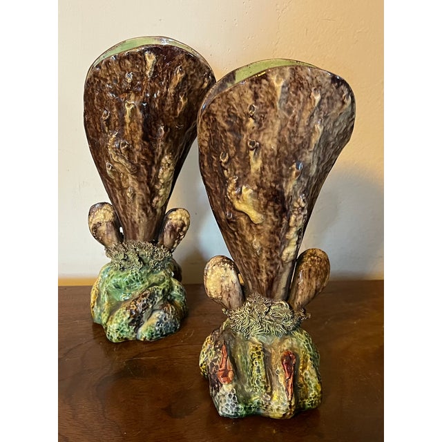 Antique 19th Century French Majolica Palissy Ware Sea Shell Form Vases - a Pair For Sale - Image 9 of 12
