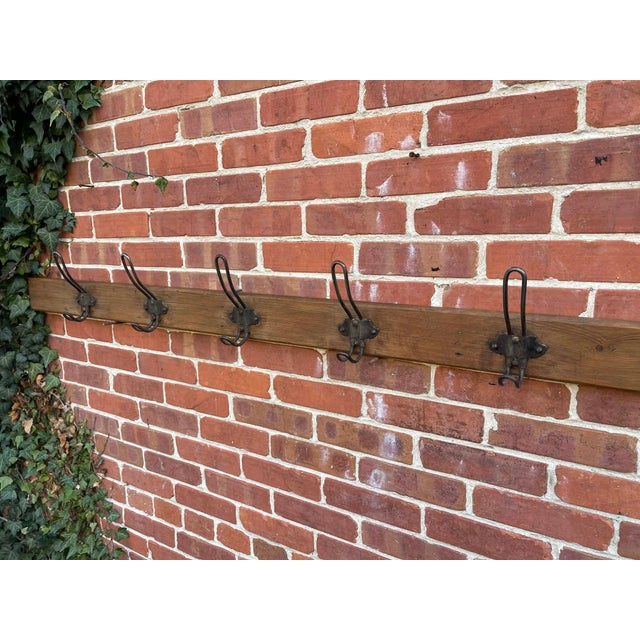 English Rustic Pine Coat Hook Rack Rail – Solid Wooden Wall Mounted With Iron Hooks 1900 For Sale - Image 3 of 9