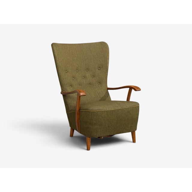 Danish Modern, Highback Lounge Chair, Elm, Wool, Denmark, 1950s For Sale - Image 4 of 12