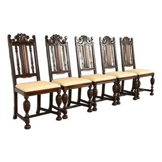 Berkey & Gay Antique English Jacobean Carved Walnut Dining Chairs, Set of Five For Sale