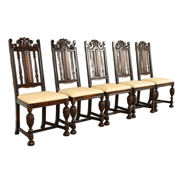 Berkey & Gay Antique English Jacobean Carved Walnut Dining Chairs, Set of Five For Sale