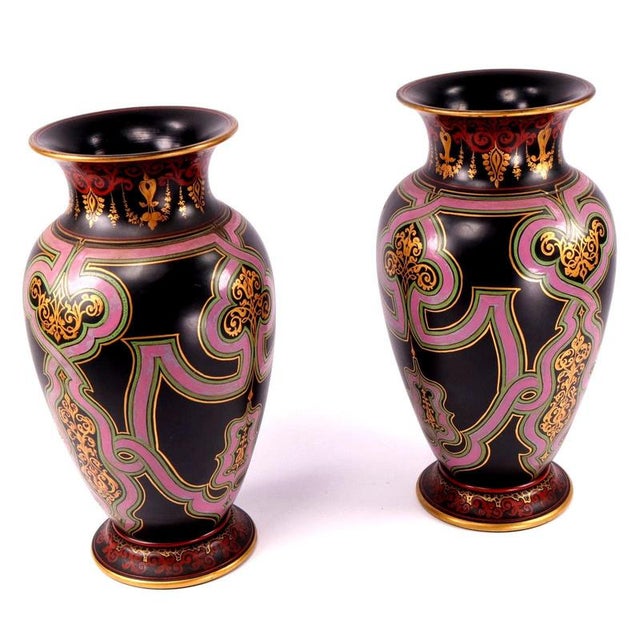 Ceramic Enamelled Black Basalt Baluster Vases in the style of Christopher Dresser, Set of 2 For Sale - Image 7 of 17
