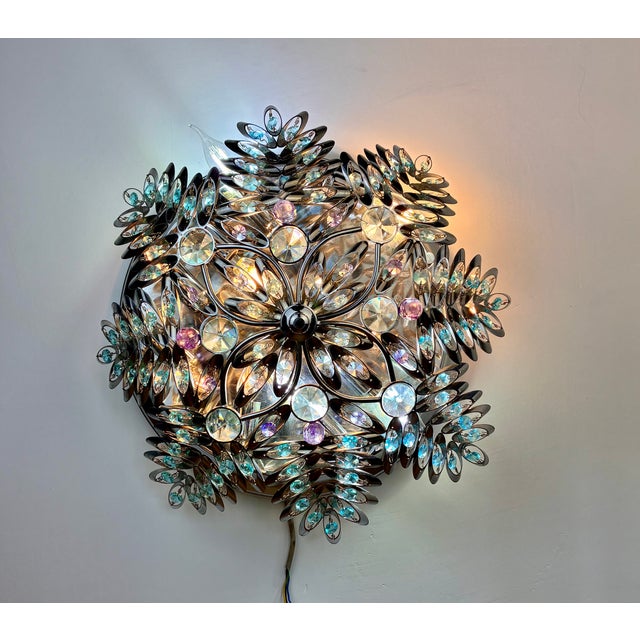 Pair of Vintage Crystal Flush Mount Chandeliers, Hand-Painted Ceiling Lights, Large Mid Century Style Wall Sconces, Low Ceiling Light Set For Sale - Image 15 of 16