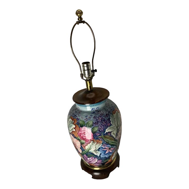 Late 20th Century Frederick Cooper Hand Painted Lotus Floral Table Lamp, Unmarked For Sale