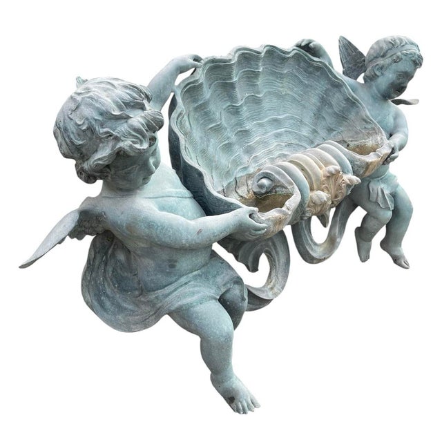 2000 - 2009 Vintage Bronze Wall Fountain With Cherubs and Scallop Shell For Sale - Image 5 of 12