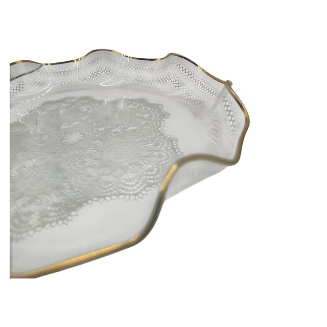 Vintage Glass Serving Dish With Lace Pattern and Gold Trimmed Ruffled Rim For Sale - Image 11 of 12