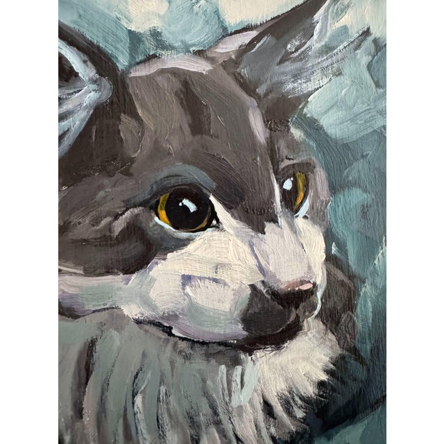 New Surroundings by Deb Komitor | Oil On Birch Panel Painting of a gray and white cat. For Sale - Image 4 of 4