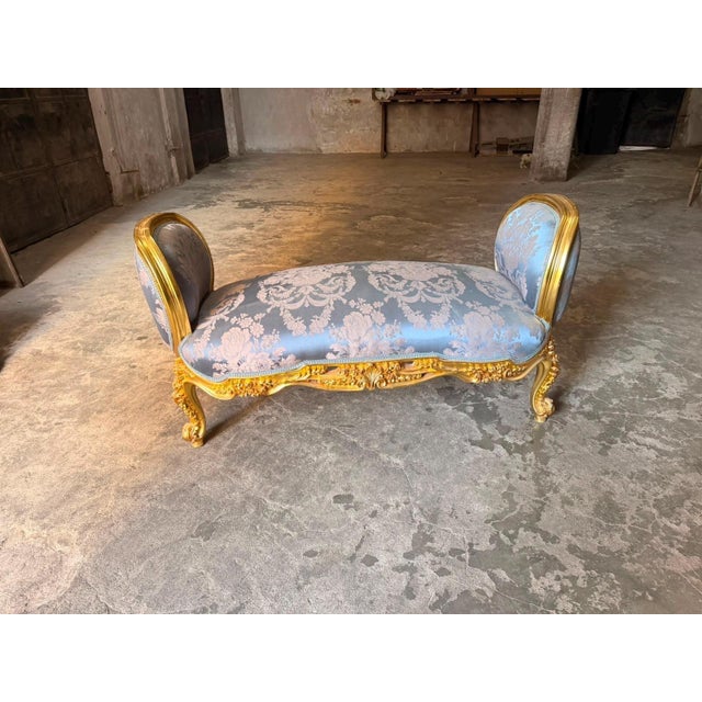 Vintage French Boudoir Bench Blue Damask Upholstery For Sale In Orlando - Image 6 of 7