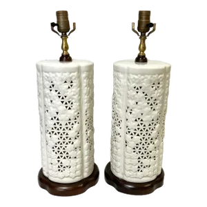 Mid Century 'Kabuki Fine China' Chinoiserie Blanc De Chine Reticulated Porcelain Lamps Made in Japan- a Pair