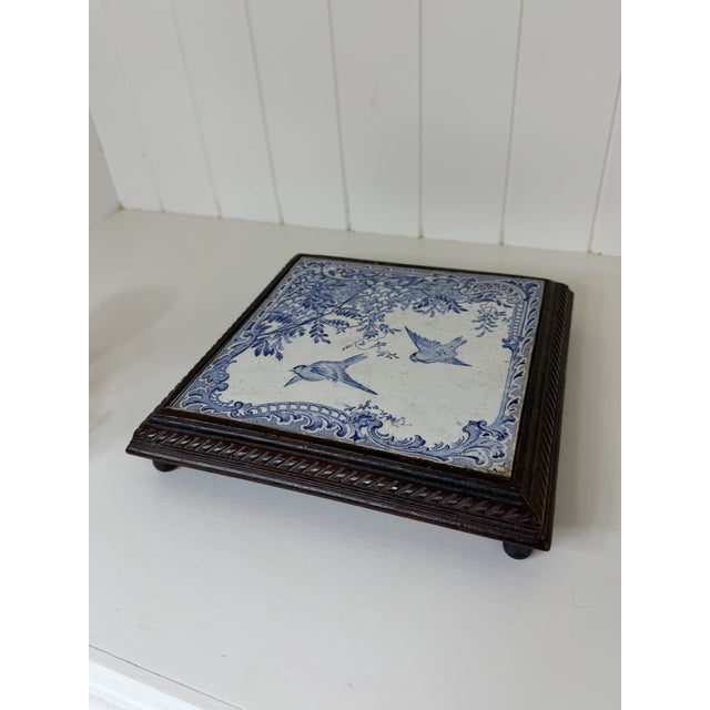 Antique French Blue & White Faience Tile Trivet in Carved Wood Frame Add a touch of French charm to the kitchen or table...