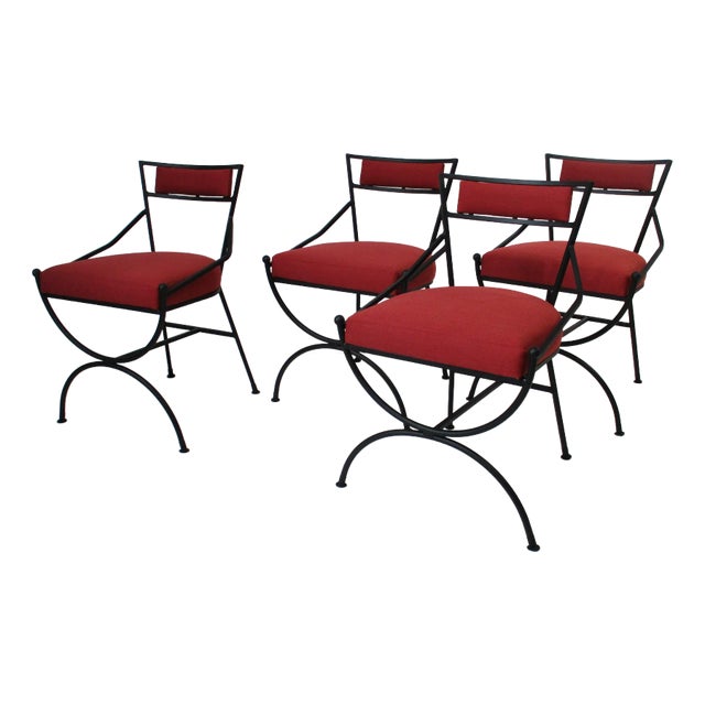 French Iron and Upholstered Outdoor Indoor Dining Chairs For Sale