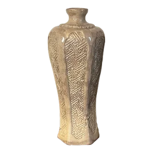 Antique 19th Century Chinese Pottery Crackle Glaze Vase With Relief Chinoiserie Chippendale Fence Design