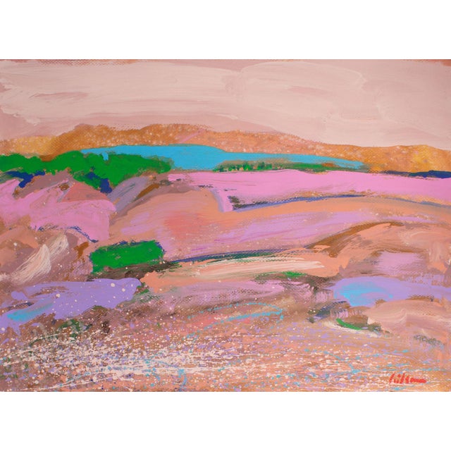An acrylic on paper painting by the American artist Harry Hilson (1935-2004). This abstract landscape painting is...