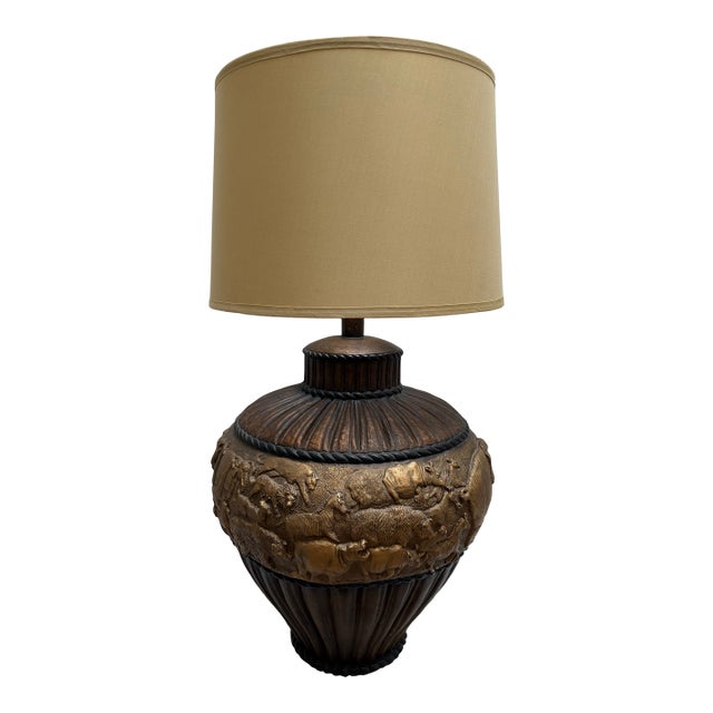 Midcentury Wild Animal Large Safari Frieze Pottery Lamp For Sale