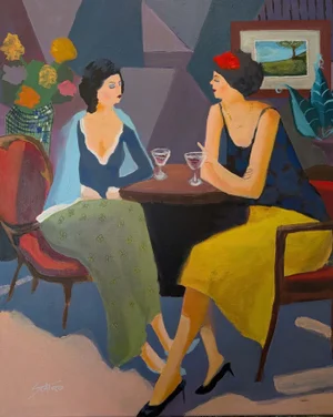 Friends Having a Drink - French Cafe Bar, Vintage Ladies, Painting by Paul Scaturro