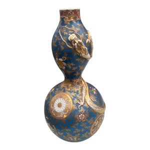 Antique Oriental Porcelain 19" Double Gourd Vase With Gilt Decoration & Figural Dragon