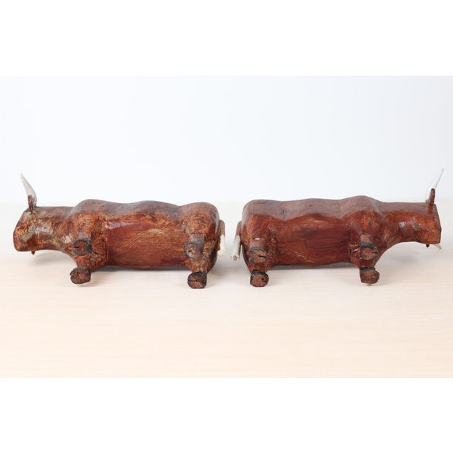Mid-Century Folk Art Hand-Carved Wooden Bull Sculptures For Sale - Image 14 of 16