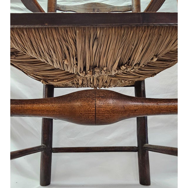Wood Matched Pair of Antique Eighteenth-Century English Ladderback Rush Seat Chairs For Sale - Image 7 of 10