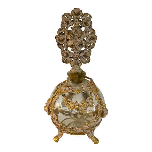 Vintage French Style Ormolu Glass Perfume Bottle With Floral Filigree Stopper Hollywood Regency For Sale
