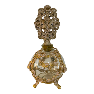 Vintage French Style Ormolu Glass Perfume Bottle With Floral Filigree Stopper Hollywood Regency
