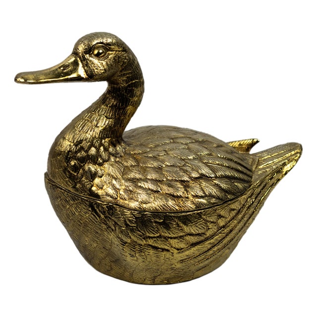 Hollywood Regency Gilt Metal Duck-Shaped Ice Bucket with Hinged Lid and White Lacquered Compartment by Mauro Manetti, 1970s For Sale