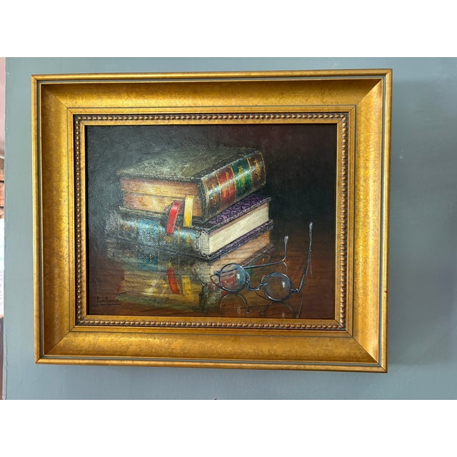 Framed Oil on Canvas "Libros Y Gafas" - "Books and Glasses" by Florencio Barandiaran Maza, Late 20th Century