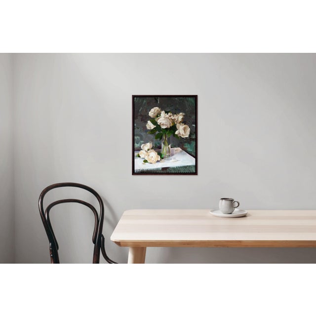 Contemporary Roses on Grey by Jon Doran | Oil on Panel White Roses in Glass Still Life For Sale - Image 10 of 10