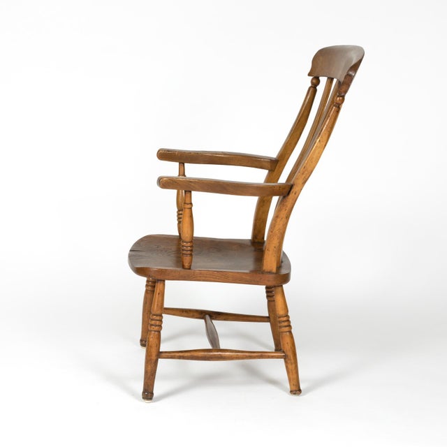 English English Elm Vertical Slat Back Armchair Circa 1890 With Turned Legs and H-Stretcher For Sale - Image 3 of 13