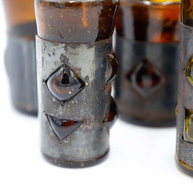 We offer this rare Brutalist Mexican modern art tequila glasses (caballitos) designed by Felipe Delfinger, circa 1970. Two...