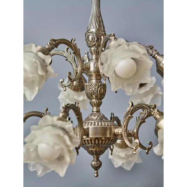 White Brass 12-Arm Chandelier with Rose-Shaped Glass Shades For Sale - Image 4 of 11