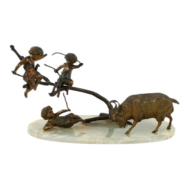 Bronze Charging Ram Figural Group Sculpture on Green Onyx Base For Sale