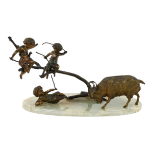 Bronze Charging Ram Figural Group Sculpture on Green Onyx Base
