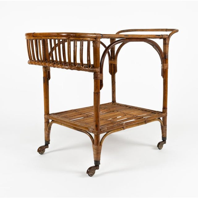 Wood Mid-Century Bamboo, Rattan and Glass Serving Bar Cart in the style of Franco Albini, Italy, 1960s For Sale - Image 7 of 18