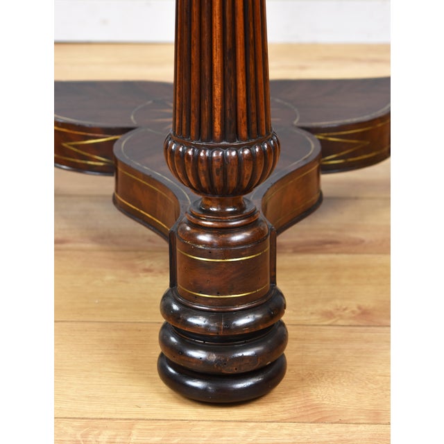 Brown 19th Century English Regency Flame Mahogany Brass Inlaid Drum Table For Sale - Image 8 of 17