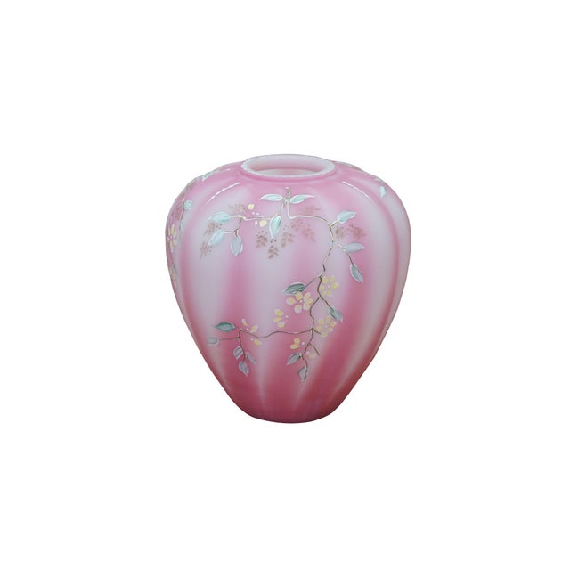 Vintage Fenton Rosalene satin glass melon vase from the 1992 Connoisseur Collection, featuring a hand-painted Twining...