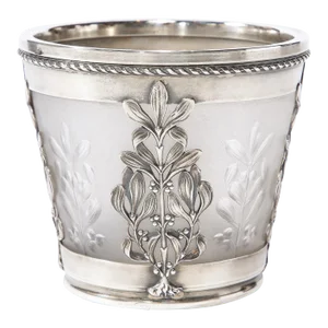 Antique Art Nouveau Frosted Glass Cachepot With Foliate Sterling Overlay by Emile Lanlois