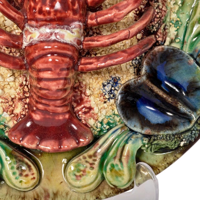 Ceramic Antique Portuguese Pottery Palissy Style Majolica Lobster Wall Dish Plate, 1900 For Sale - Image 7 of 9