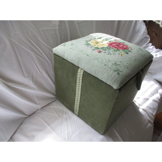 Traditional 1960s Vintage Needlepoint Green Velvet Storage Footstool For Sale - Image 3 of 12
