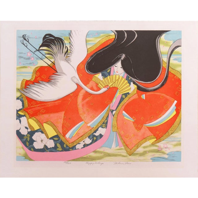 'Happy Tidings' by Miharu Lane, Geisha, Holding a Fan, Receives a White Crane, Silk Kimono For Sale - Image 9 of 10