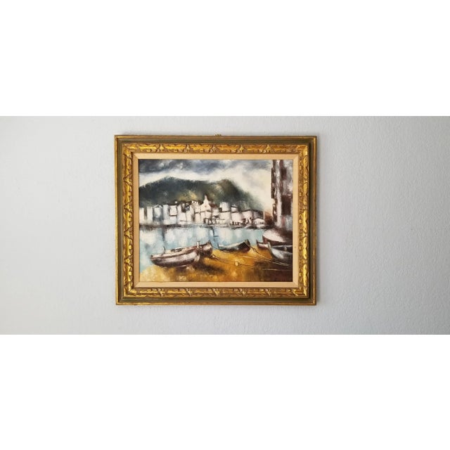 1970s Italian Boats Landscape Oil on Canvas Painting, Signed For Sale - Image 11 of 11