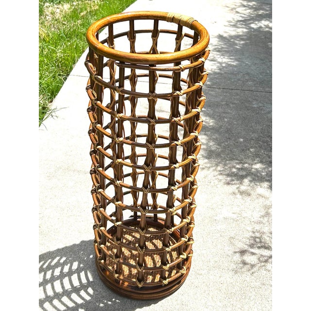 1950s Vintage, Cylindrical, Woven, Bamboo, Rattan and Wicker, Umbrella Stand, in the Style of Audoux and Minet, 1950’s For Sale - Image 5 of 8
