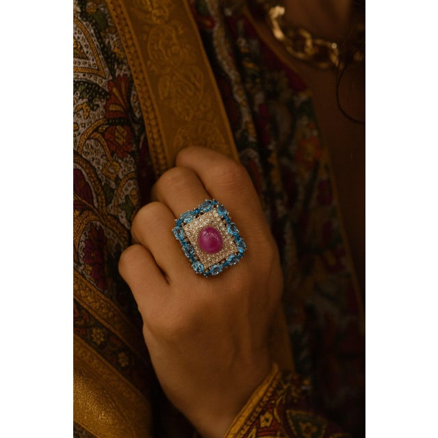 Bochic “Capri” Vintage Ruby & Diamond & Blue Topaz Ring Set In 18K Gold & Silver For Sale - Image 4 of 15