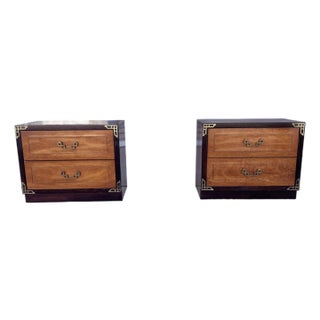 1970s Pair of Mid Century Walnut and Brass Nightstands For Sale